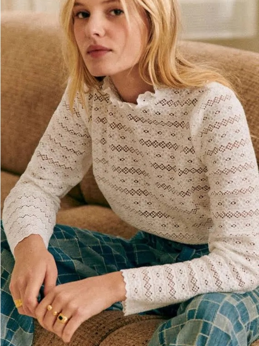 Sezane White Lace High-Neck Blouse
